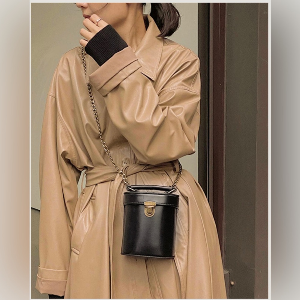 Black Leather Bucket Crossbody Bag with Chain Strap
